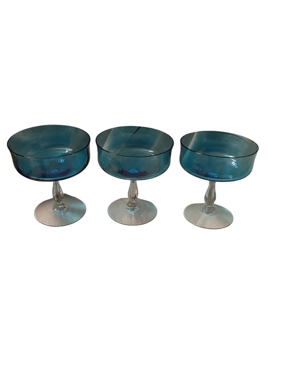 Set of 3 Vintage Blue Decorated Champagne Coupe/Saucer Glasses, 6oz